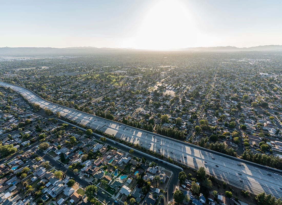 Northridge, CA - Sunset Aerial View of the Route 405 Freeway Crossing the San Fernando Valley in Los Angeles, California